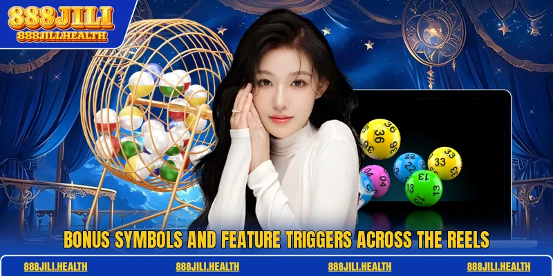 Bonus symbols and feature triggers across the reels