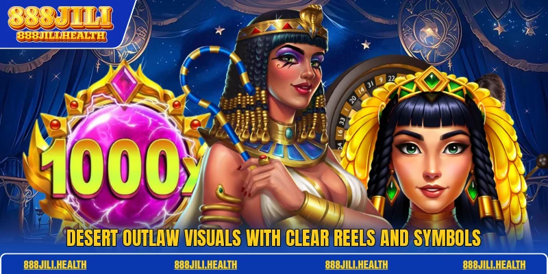 Desert outlaw visuals with clear reels and symbols