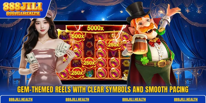 Gem-themed reels with clear symbols and smooth pacing