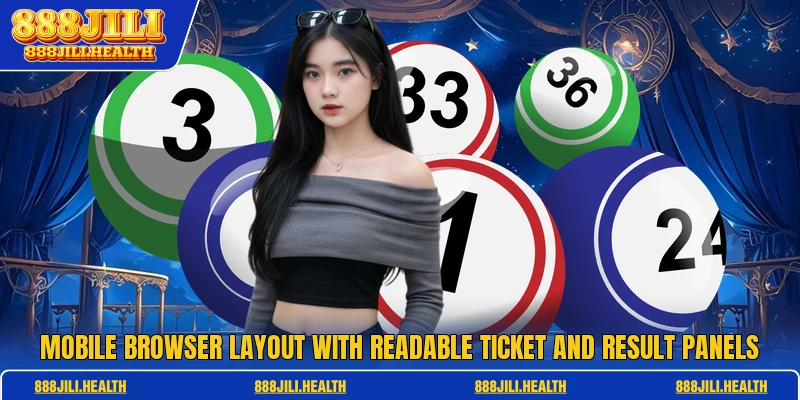 Mobile browser layout with readable ticket and result panels