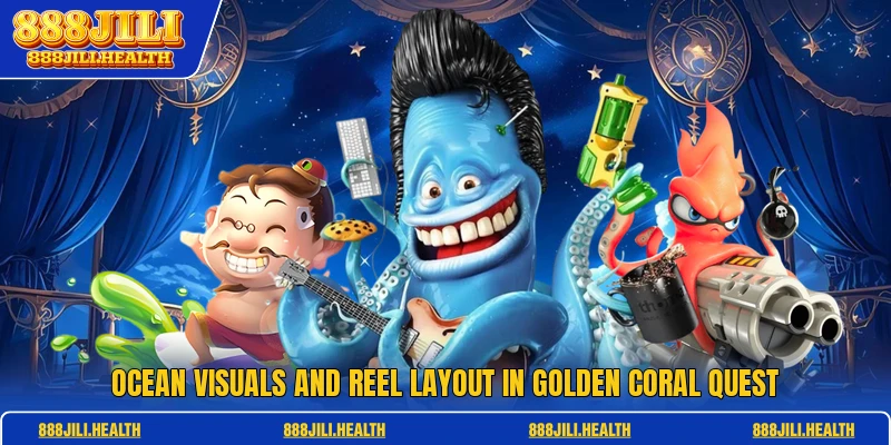 Ocean visuals and reel layout in Golden Coral Quest