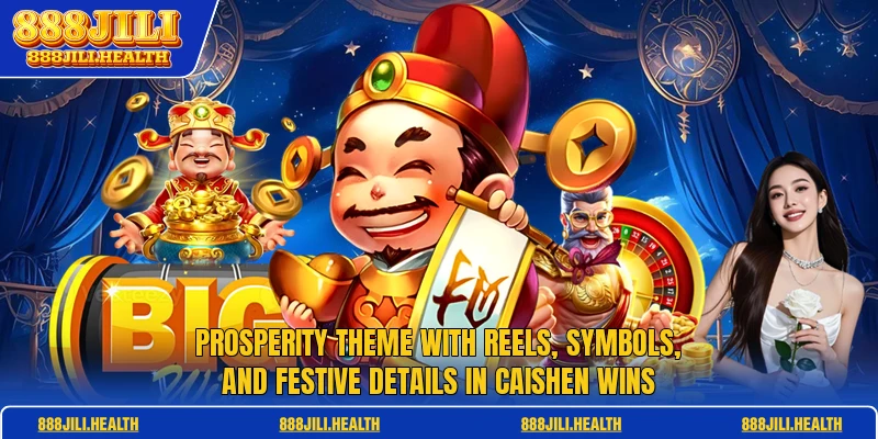 Prosperity theme with reels, symbols, and festive details in Caishen Wins